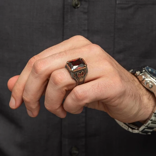 Kırmızı Taşlı 925 Gümüş Erkek Yüzük - 6