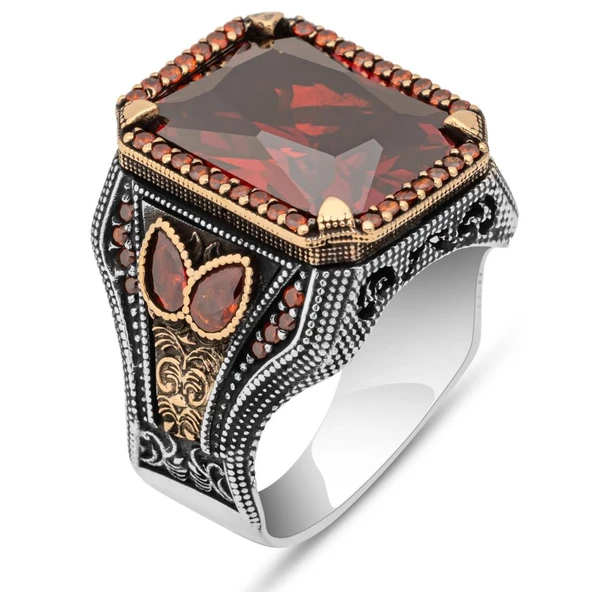 Kırmızı Taşlı 925 Gümüş Erkek Yüzük - 2