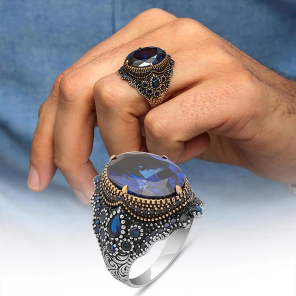 Parlament Mavi Taşlı 925 Gümüş Erkek Yüzük ürün görseli