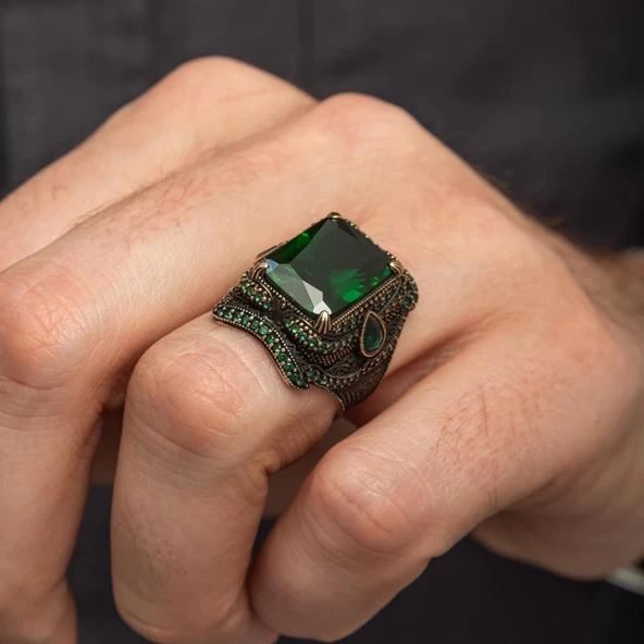 Yeşil Taşlı Dikdörtgen Tasarım 925 Gümüş Yüzük - Resim 7