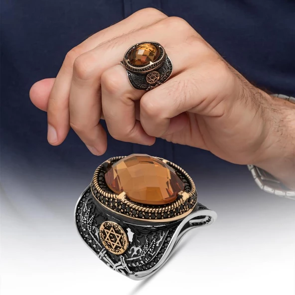 Zultanit Taşlı Ayyıldız Süleyman Mührü 925 Gümüş Yüzük ürün görseli