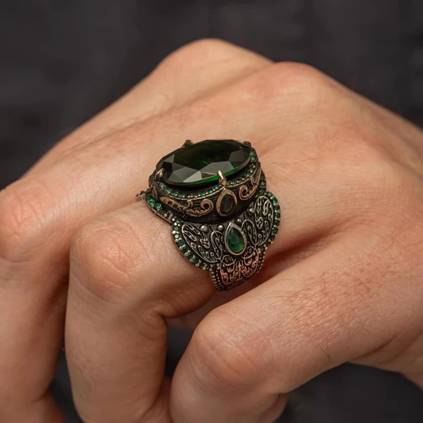 Yeşil Taşlı 925 Gümüş Erkek Yüzük - Resim 7