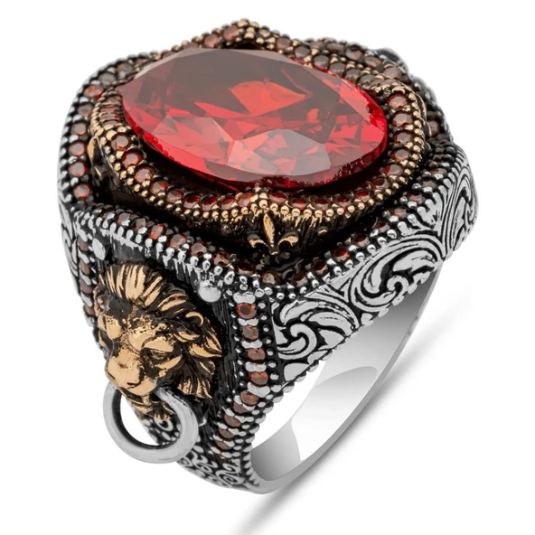 Aslan Başı Kapı Tokmak Modeli Kırmızı Taşlı 925 Gümüş Yüzük - Resim 2