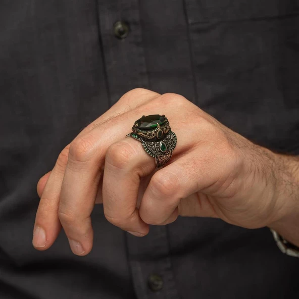 Yeşil Taşlı 925 Gümüş Erkek Yüzük - Resim 4