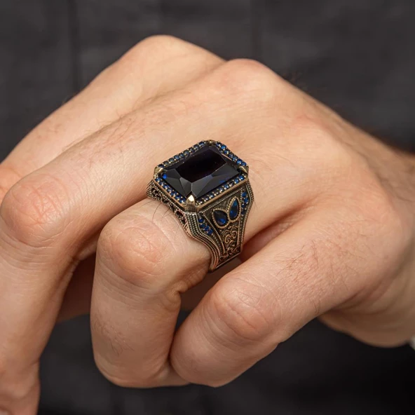 Parlament Mavi Taşlı 925 Gümüş Erkek Yüzük - Resim 4