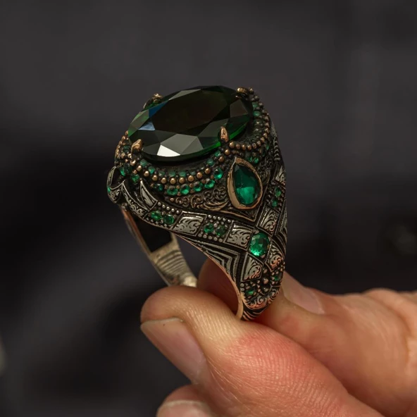 Oval Yeşil Taşlı 925 Gümüş Erkek Yüzük - 7