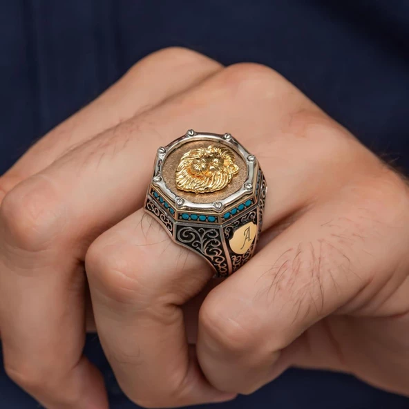 Aslan Başı Motifli Harfli Zorbey Serisi 925 Gümüş Erkek Yüzük - Resim 5