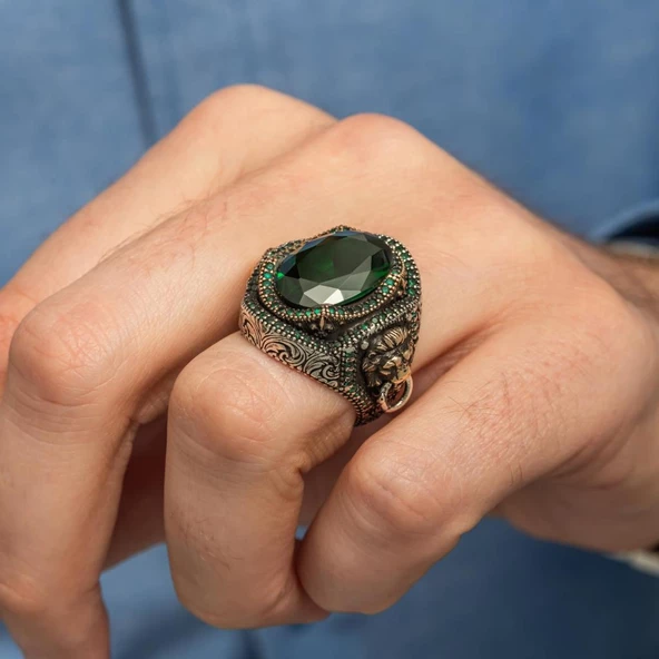 Aslan Başı Kapı Tokmak Modeli Yeşil Taşlı 925 Gümüş Yüzük - Resim 5