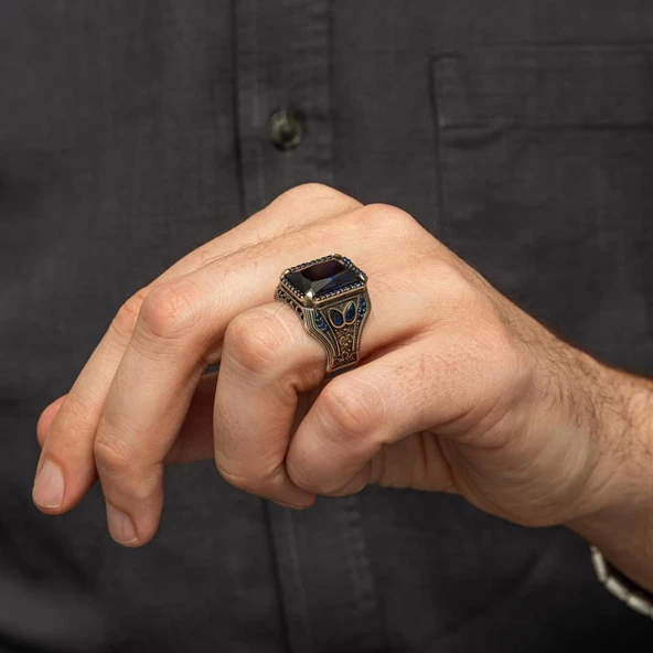 Parlament Mavi Taşlı 925 Gümüş Erkek Yüzük - Resim 5