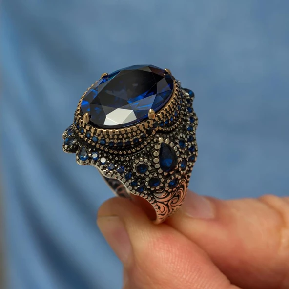 Parlament Mavi Taşlı 925 Gümüş Erkek Yüzük - Resim 4