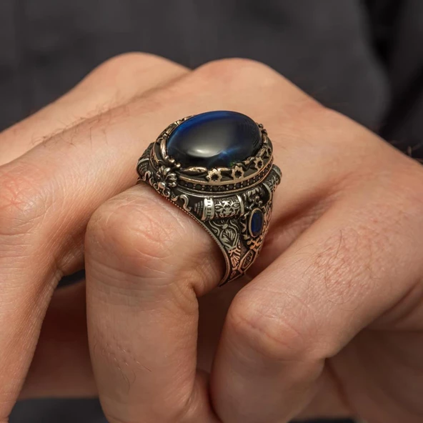 Mavi Kaplan Gözü Taşlı 925 Gümüş Yüzük - Resim 7