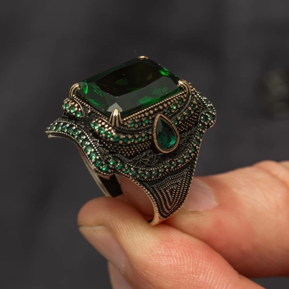 Yeşil Taşlı Dikdörtgen Tasarım 925 Gümüş Yüzük - Resim 6