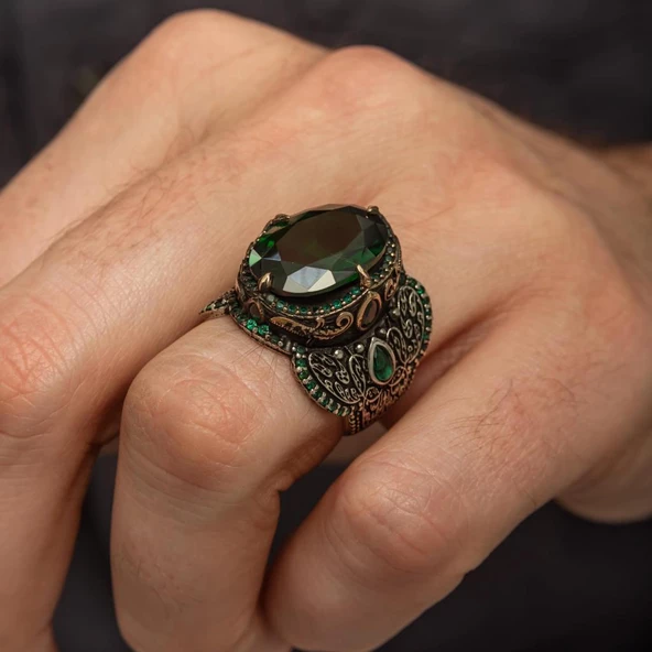 Yeşil Taşlı 925 Gümüş Erkek Yüzük - Resim 3