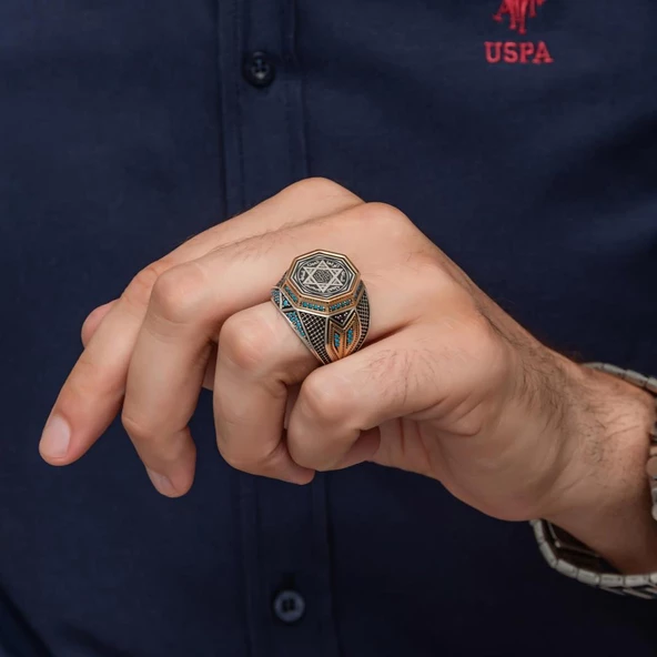 Mührü Süleyman İşleme Sekizgen Zorbey Serisi 925 Gümüş Erkek Yüzük - Resim 4