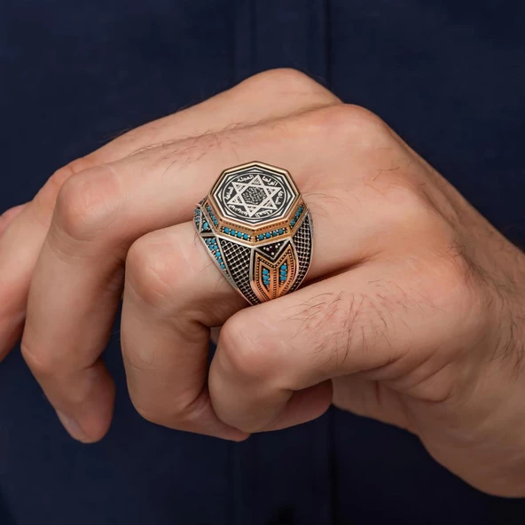 Mührü Süleyman İşleme Sekizgen Zorbey Serisi 925 Gümüş Erkek Yüzük - Resim 3