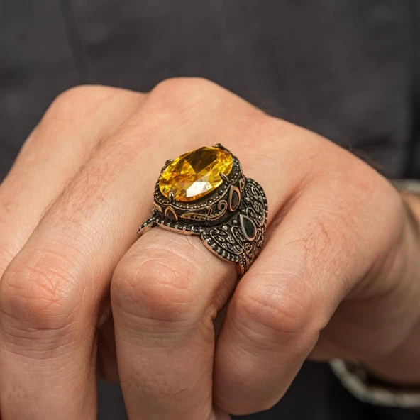 Oval Sarı Sitrin Taşlı 925 Gümüş Erkek Yüzük - 7