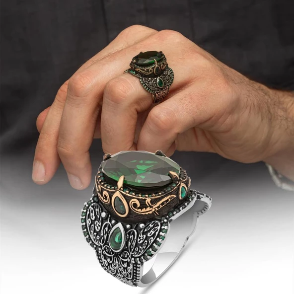 Yeşil Taşlı 925 Gümüş Erkek Yüzük ürün görseli