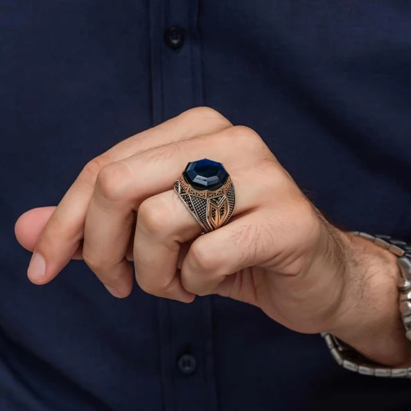 Parlament Mavi Taşlı Sekizgen Zorbey Serisi 925 Gümüş Erkek Yüzük - Resim 4