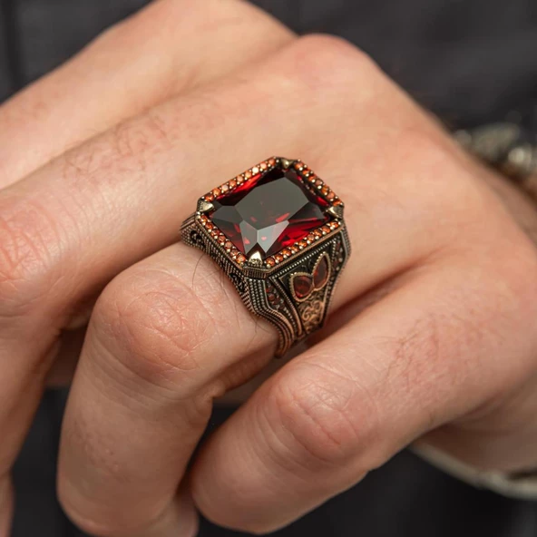 Kırmızı Taşlı 925 Gümüş Erkek Yüzük - 3