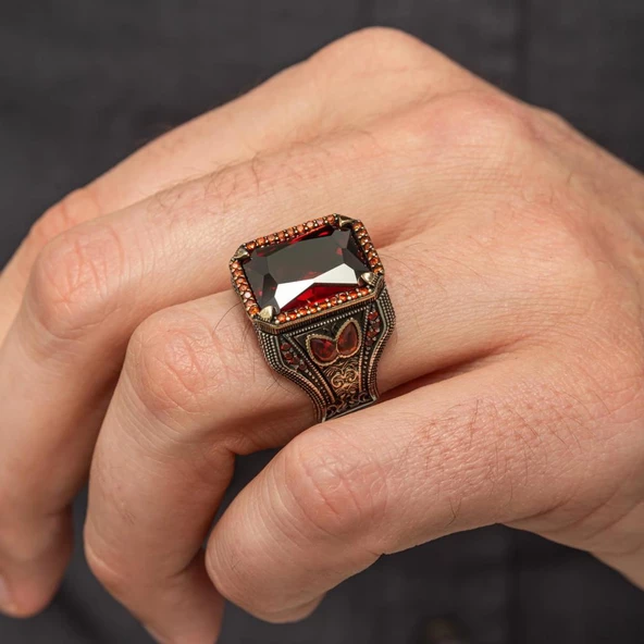 Kırmızı Taşlı 925 Gümüş Erkek Yüzük - 5