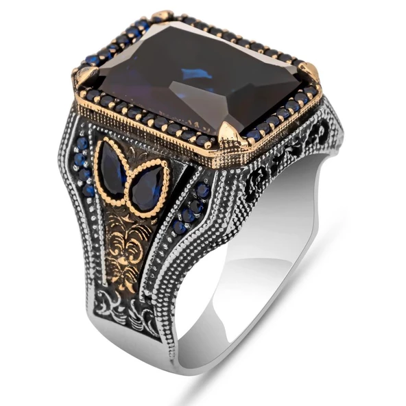 Parlament Mavi Taşlı 925 Gümüş Erkek Yüzük - Resim 2