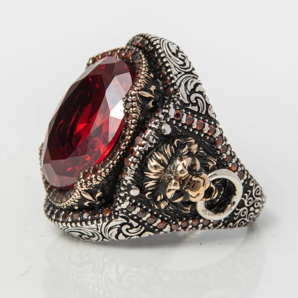 Aslan Başı Kapı Tokmak Modeli Kırmızı Taşlı 925 Gümüş Yüzük - Resim 5