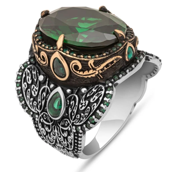 Yeşil Taşlı 925 Gümüş Erkek Yüzük - Resim 2