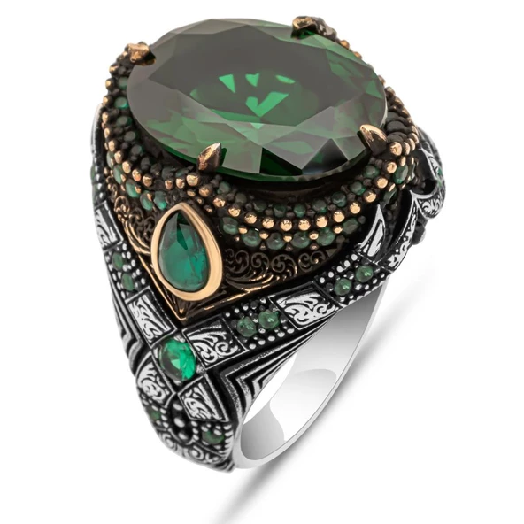 Oval Yeşil Taşlı 925 Gümüş Erkek Yüzük - 2