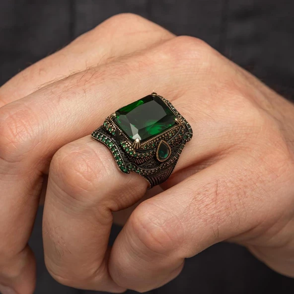 Yeşil Taşlı Dikdörtgen Tasarım 925 Gümüş Yüzük - Resim 3