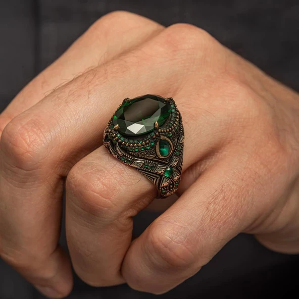 Oval Yeşil Taşlı 925 Gümüş Erkek Yüzük - 4