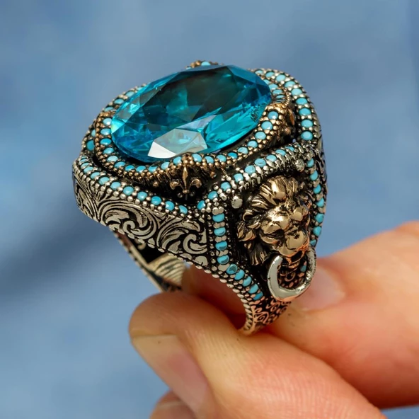 Aslan Başı Kapı Tokmak Modeli Mavi Taşlı 925 Gümüş Yüzük - Resim 8