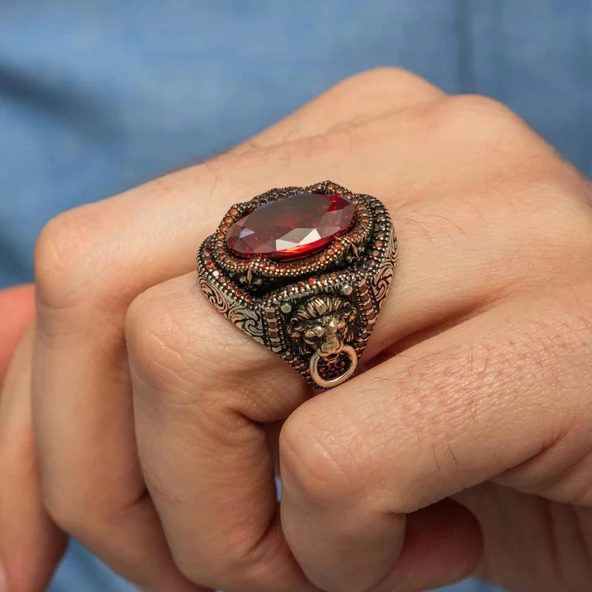 Aslan Başı Kapı Tokmak Modeli Kırmızı Taşlı 925 Gümüş Yüzük - Resim 7