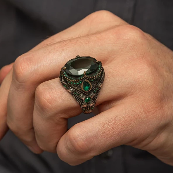 Oval Yeşil Taşlı 925 Gümüş Erkek Yüzük - 3