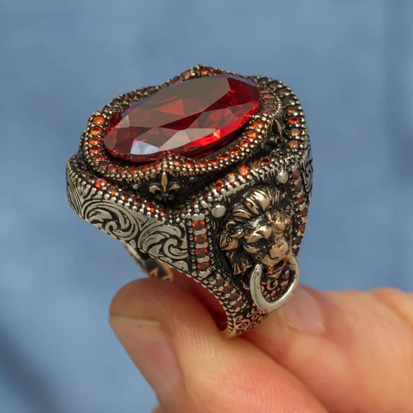 Aslan Başı Kapı Tokmak Modeli Kırmızı Taşlı 925 Gümüş Yüzük - Resim 6