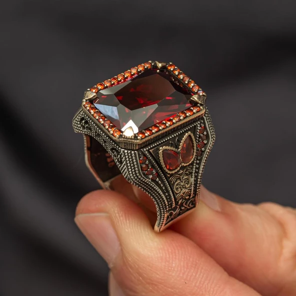 Kırmızı Taşlı 925 Gümüş Erkek Yüzük - 4