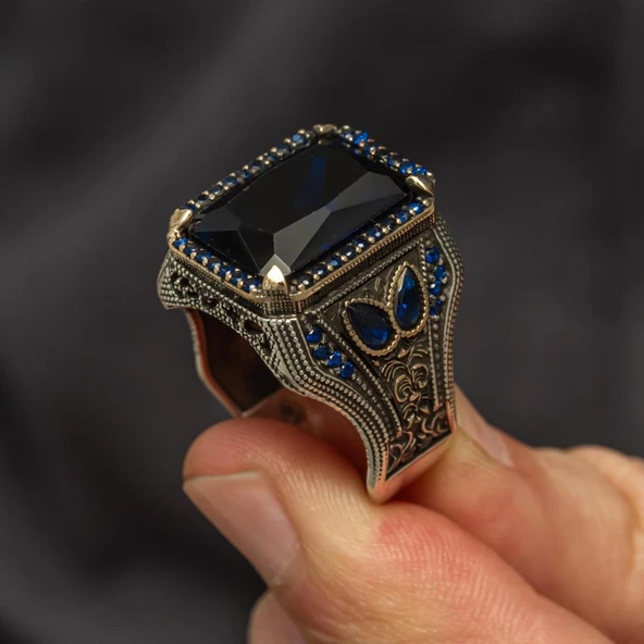 Parlament Mavi Taşlı 925 Gümüş Erkek Yüzük - Resim 7