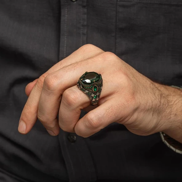 Oval Yeşil Taşlı 925 Gümüş Erkek Yüzük - 5