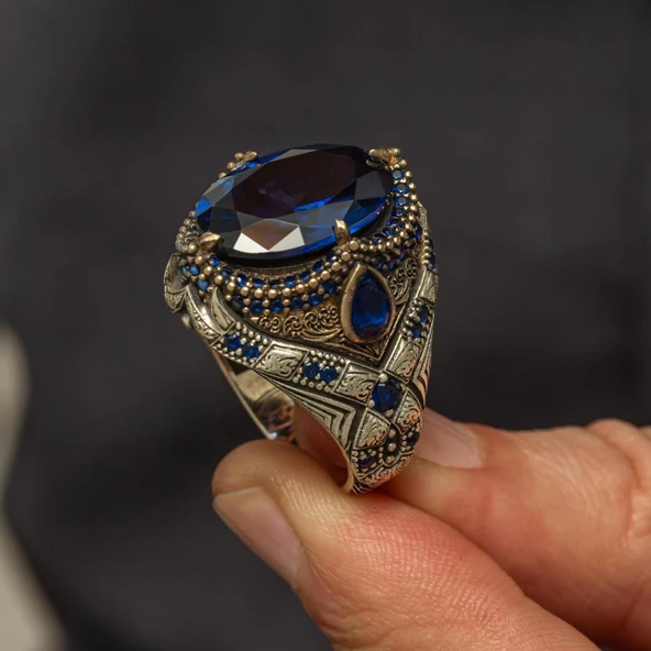Oval Parlament Mavisi Taşlı 925 Gümüş Yüzük - Resim 6