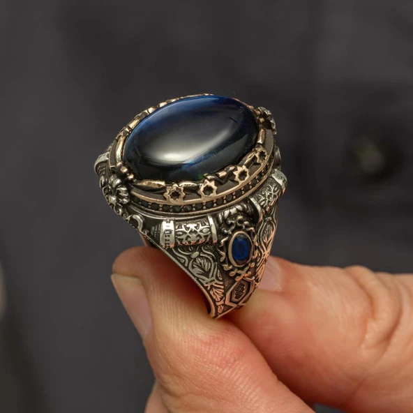 Mavi Kaplan Gözü Taşlı 925 Gümüş Yüzük - Resim 6