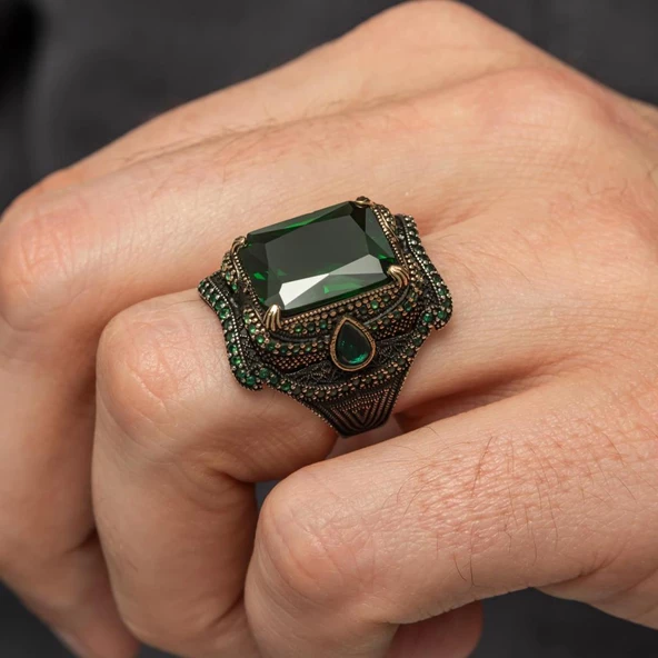 Yeşil Taşlı Dikdörtgen Tasarım 925 Gümüş Yüzük - Resim 8