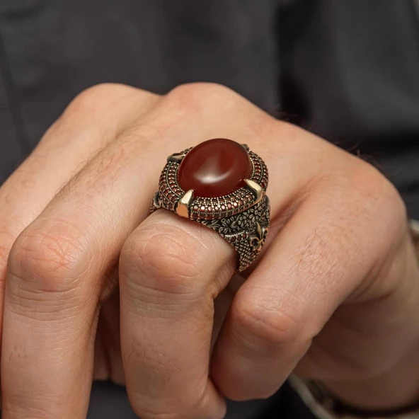 Oval Akik Taşlı 925 Gümüş Erkek Yüzük - Resim 7