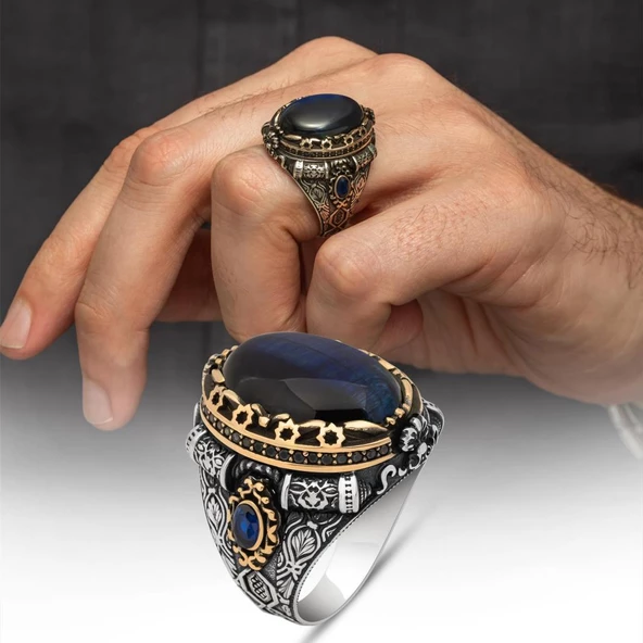 Mavi Kaplan Gözü Taşlı 925 Gümüş Yüzük ürün görseli