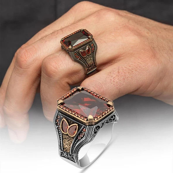 Kırmızı Taşlı 925 Gümüş Erkek Yüzük