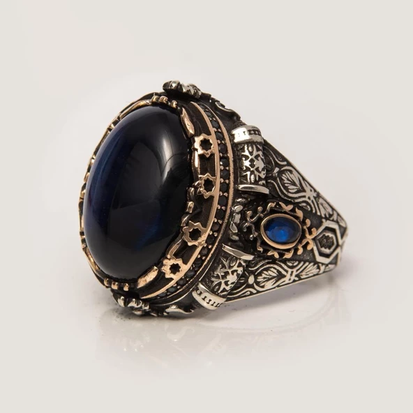 Mavi Kaplan Gözü Taşlı 925 Gümüş Yüzük - Resim 4