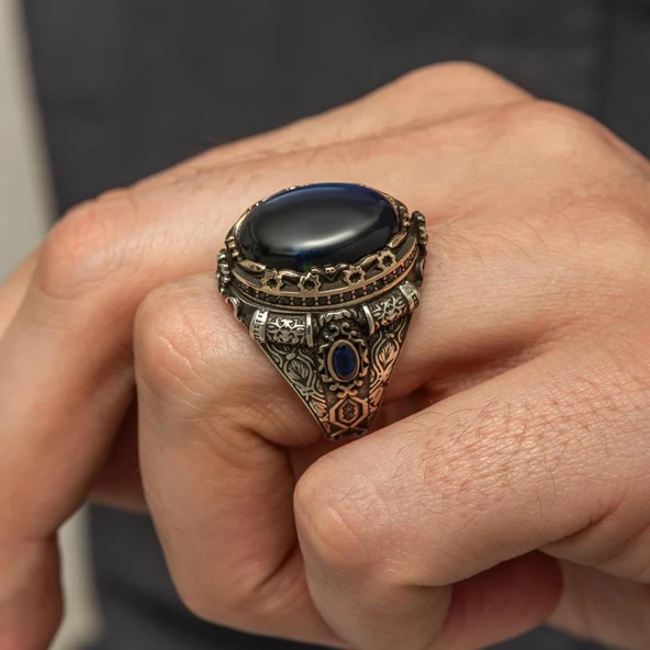 Mavi Kaplan Gözü Taşlı 925 Gümüş Yüzük - Resim 8