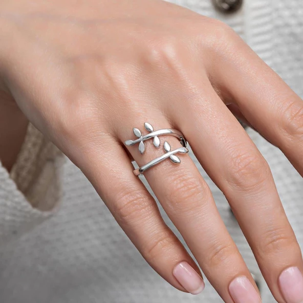 Yaprak Desenli 925 Gümüş Kadın Yüzük - 6