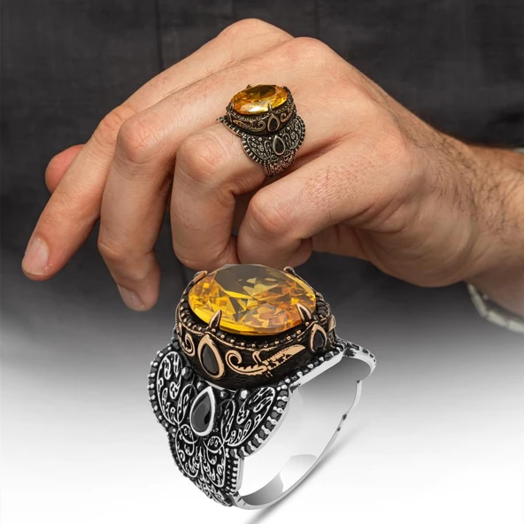 Oval Sarı Sitrin Taşlı 925 Gümüş Erkek Yüzük