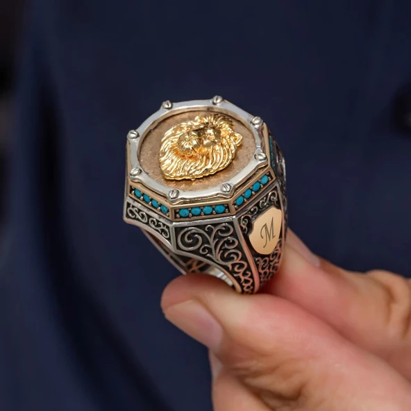 Aslan Başı Motifli Harfli Zorbey Serisi 925 Gümüş Erkek Yüzük - Resim 7