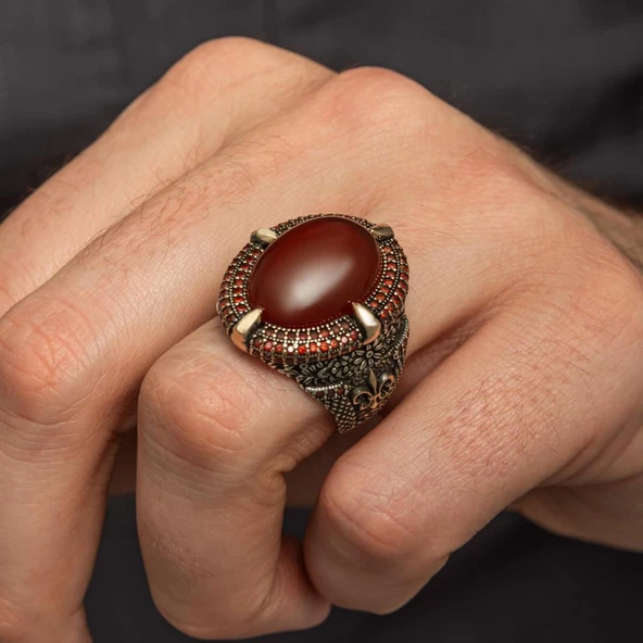 Oval Akik Taşlı 925 Gümüş Erkek Yüzük - Resim 4