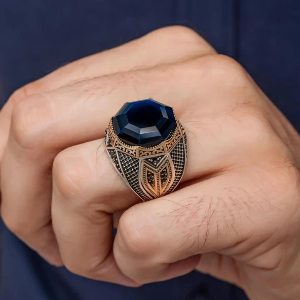 Parlament Mavi Taşlı Sekizgen Zorbey Serisi 925 Gümüş Erkek Yüzük - Resim 3